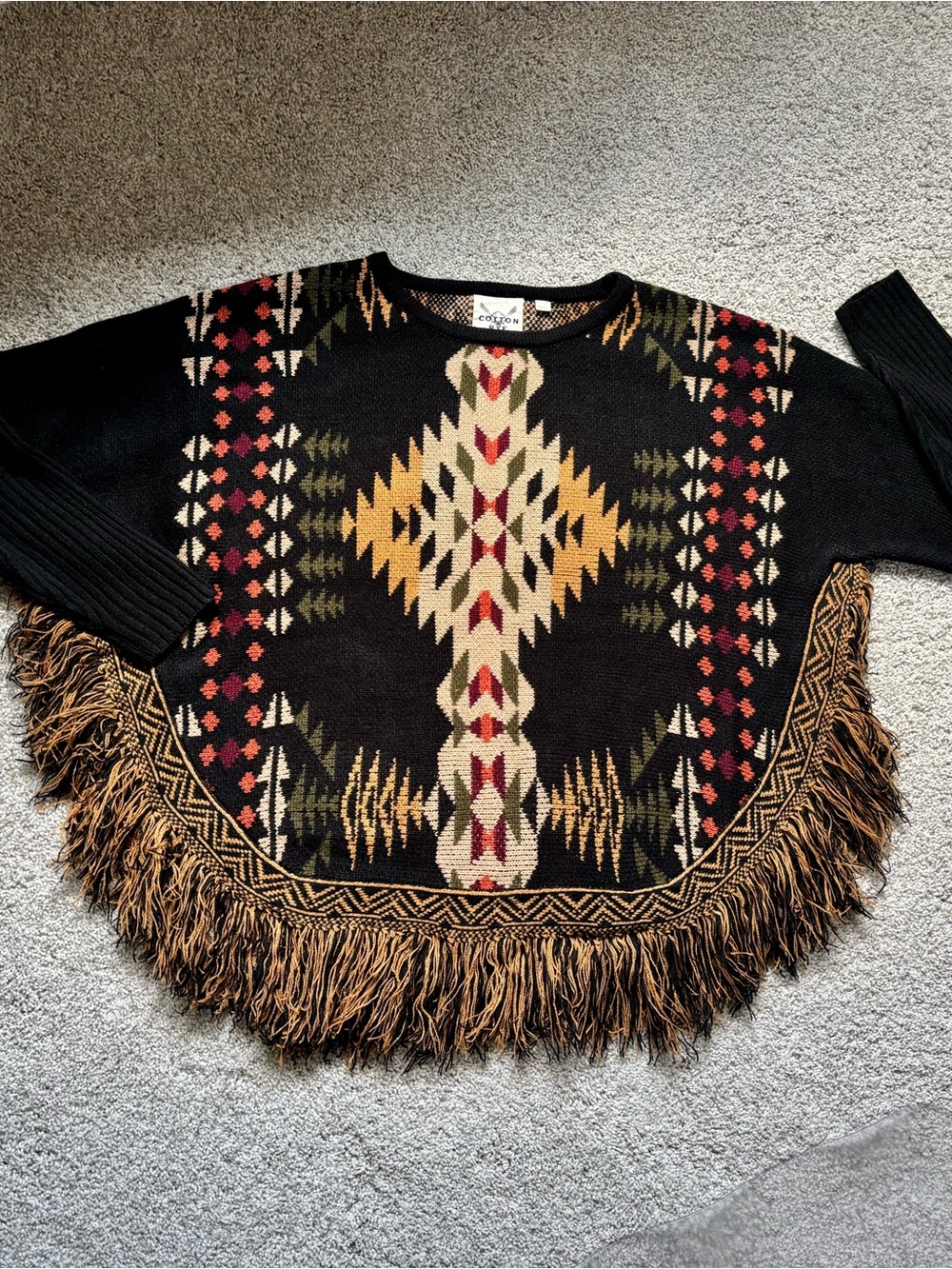 Cotton Rye Western Navajo Boho Fringe Poncho Knit Sweater M Aztec